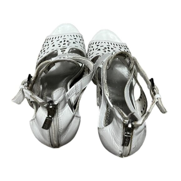 Guess Agenta White Leather Wooden Wedge Heels Sz 6.5 Womens Open Toe Ankle - Picture 11 of 16